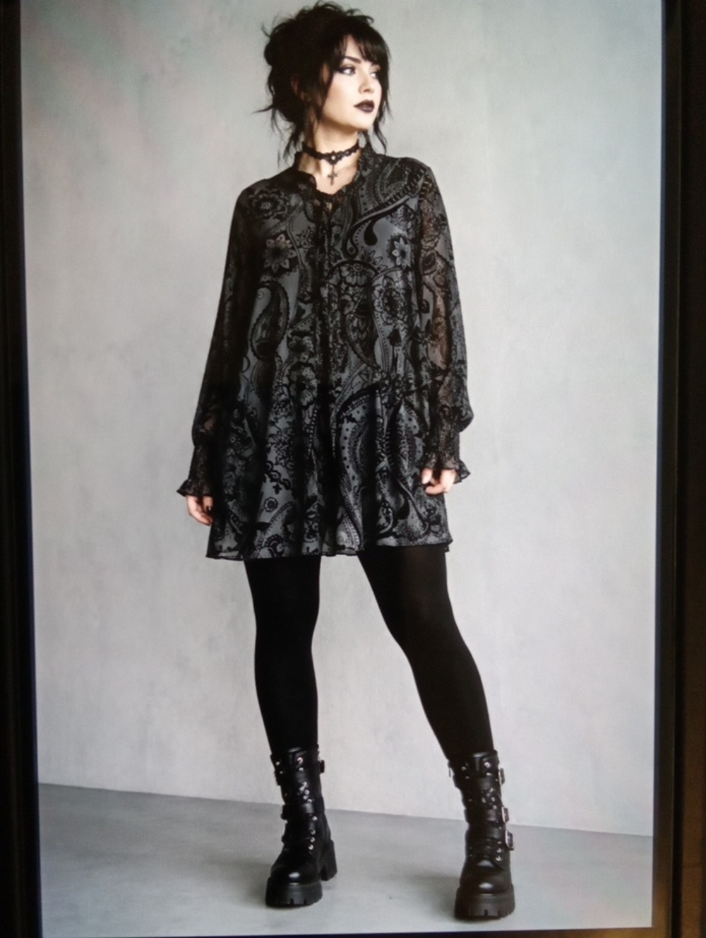 Gothic Paisley Sheer Mesh Mini Dress Boho Emo Long Sleeve Tie Neck Womens 1XL